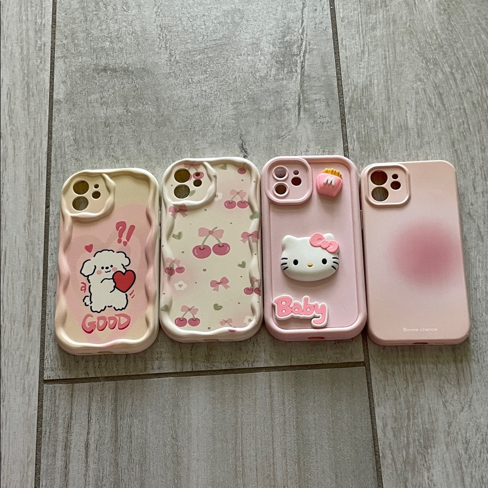 SHEIN Pink Kawaii Phone Case Set with Hello Kitty, Cherries & Puppy Designs